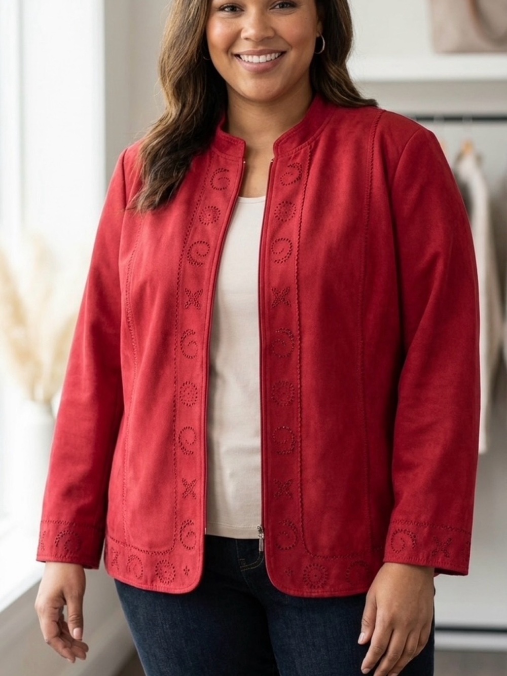 Women's Plus Laura Red Suede Zip-Front Jacket